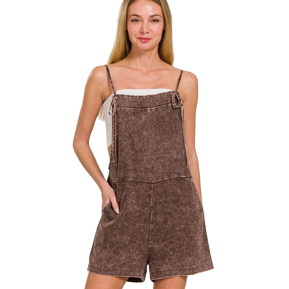 216. New Zenana Acid Wash Mineral Brown Romper Adjustable Tie Strap Overalls